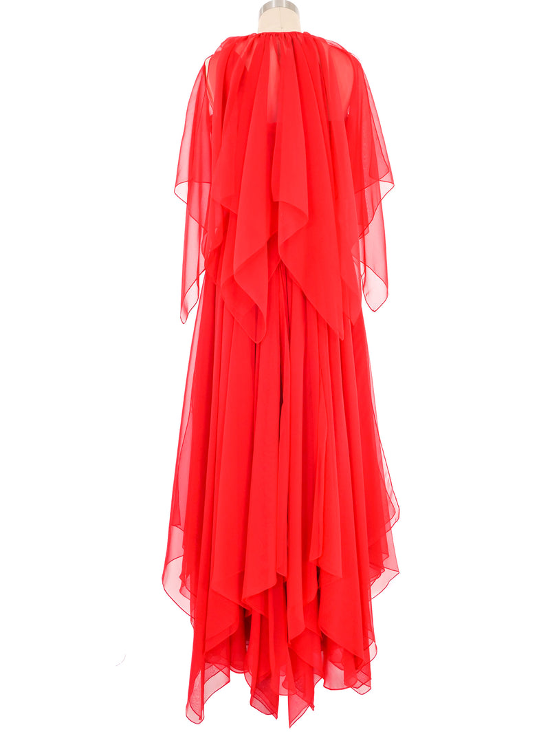 Estevez Red Chiffon Ruched Handkerchief Gown