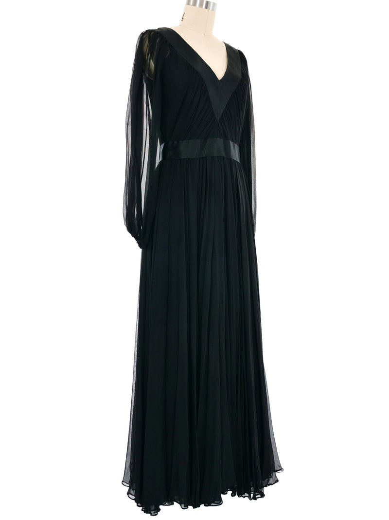 1970s Richilene Black Silk Chiffon Gown