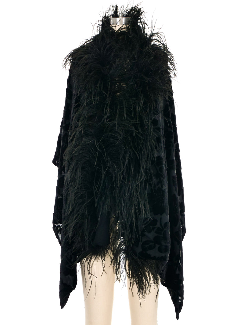 Feather Trimmed Velvet Burnout Shawl