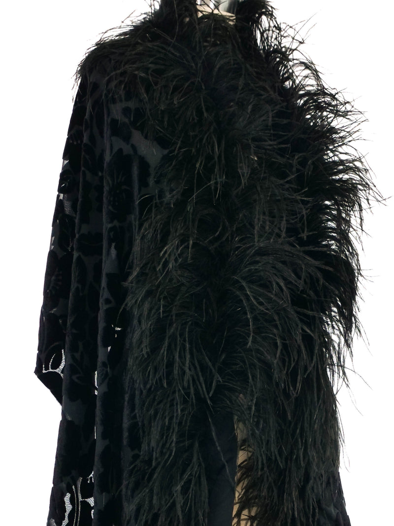 Feather Trimmed Velvet Burnout Shawl