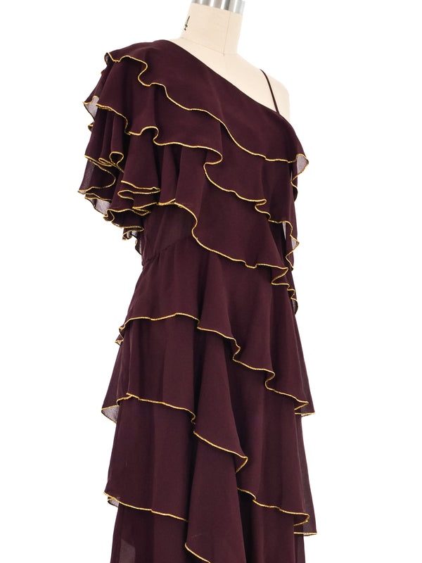 Burgundy Tiered Ruffle One Shoulder Dress