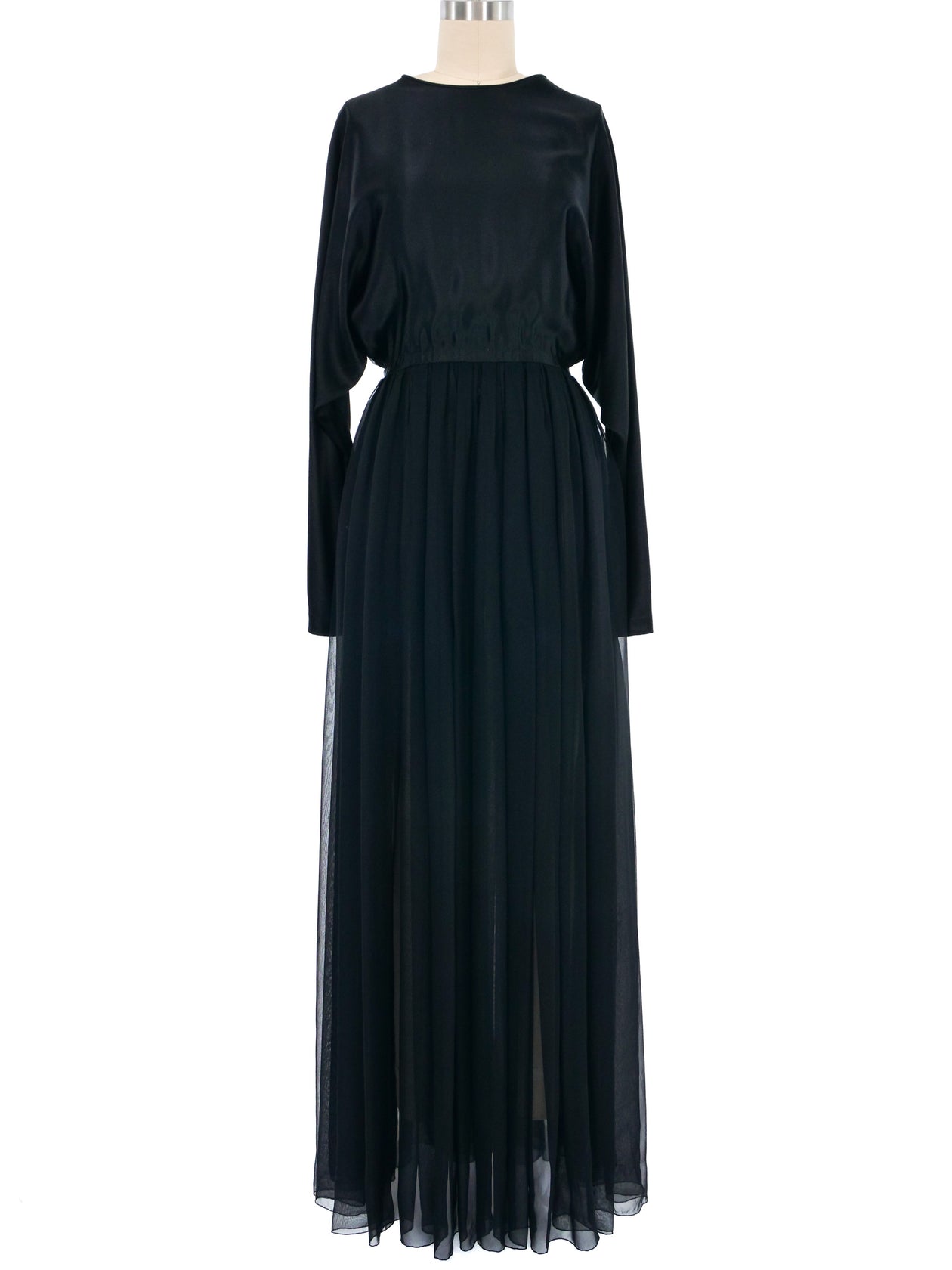 1980s Galanos Black Satin and Silk Chiffon Gown 1980s Galanos Black Satin and Silk Chiffon Gown
