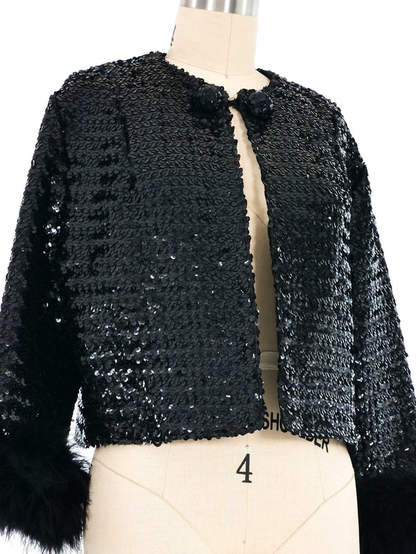 Fur Trimmed Cropped Sequin Jacket