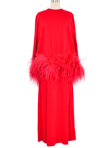 1970s Leo Narducci Red Ostrich Feather Trimmed Dress Ensemble Suit arcadeshops.com