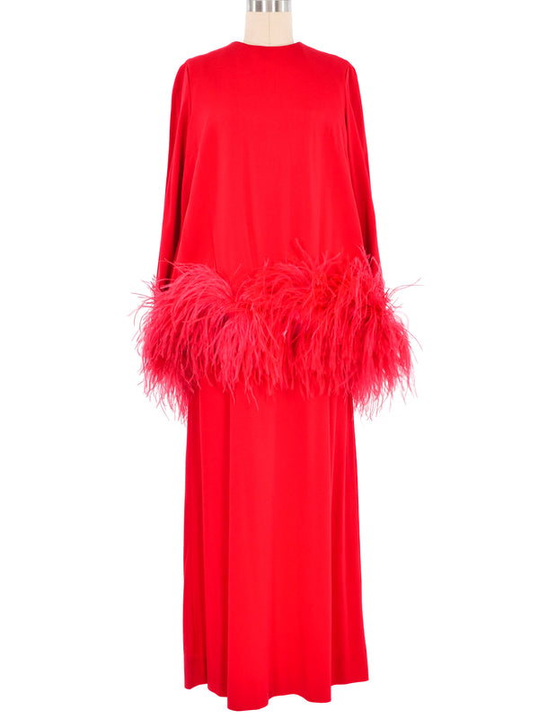 1970s Leo Narducci Red Ostrich Feather Trimmed Dress Ensemble