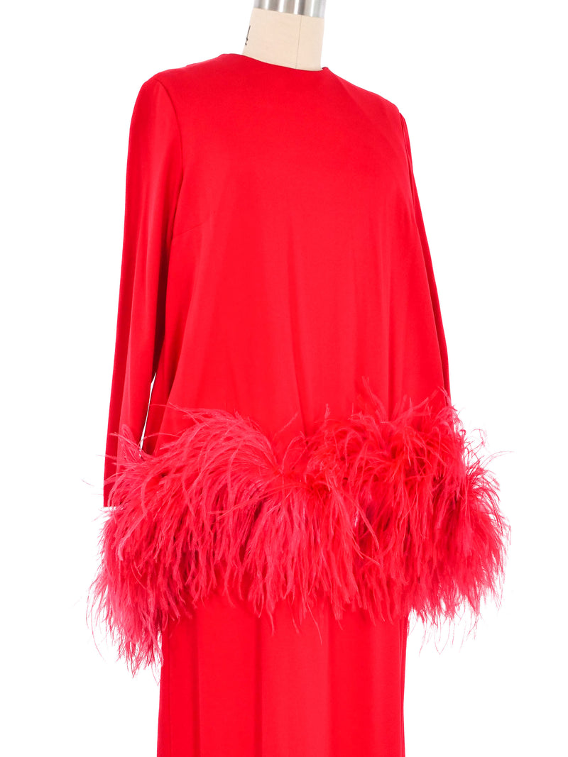 1970s Leo Narducci Red Ostrich Feather Trimmed Dress Ensemble Suit arcadeshops.com