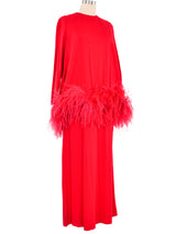 1970s Leo Narducci Red Ostrich Feather Trimmed Dress Ensemble Suit arcadeshops.com