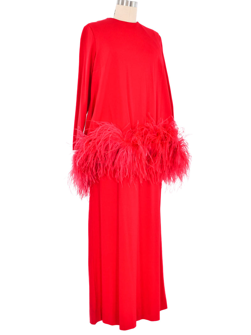 1970s Leo Narducci Red Ostrich Feather Trimmed Dress Ensemble Suit arcadeshops.com