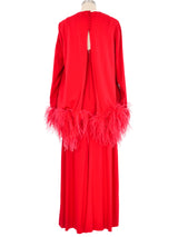 1970s Leo Narducci Red Ostrich Feather Trimmed Dress Ensemble Suit arcadeshops.com