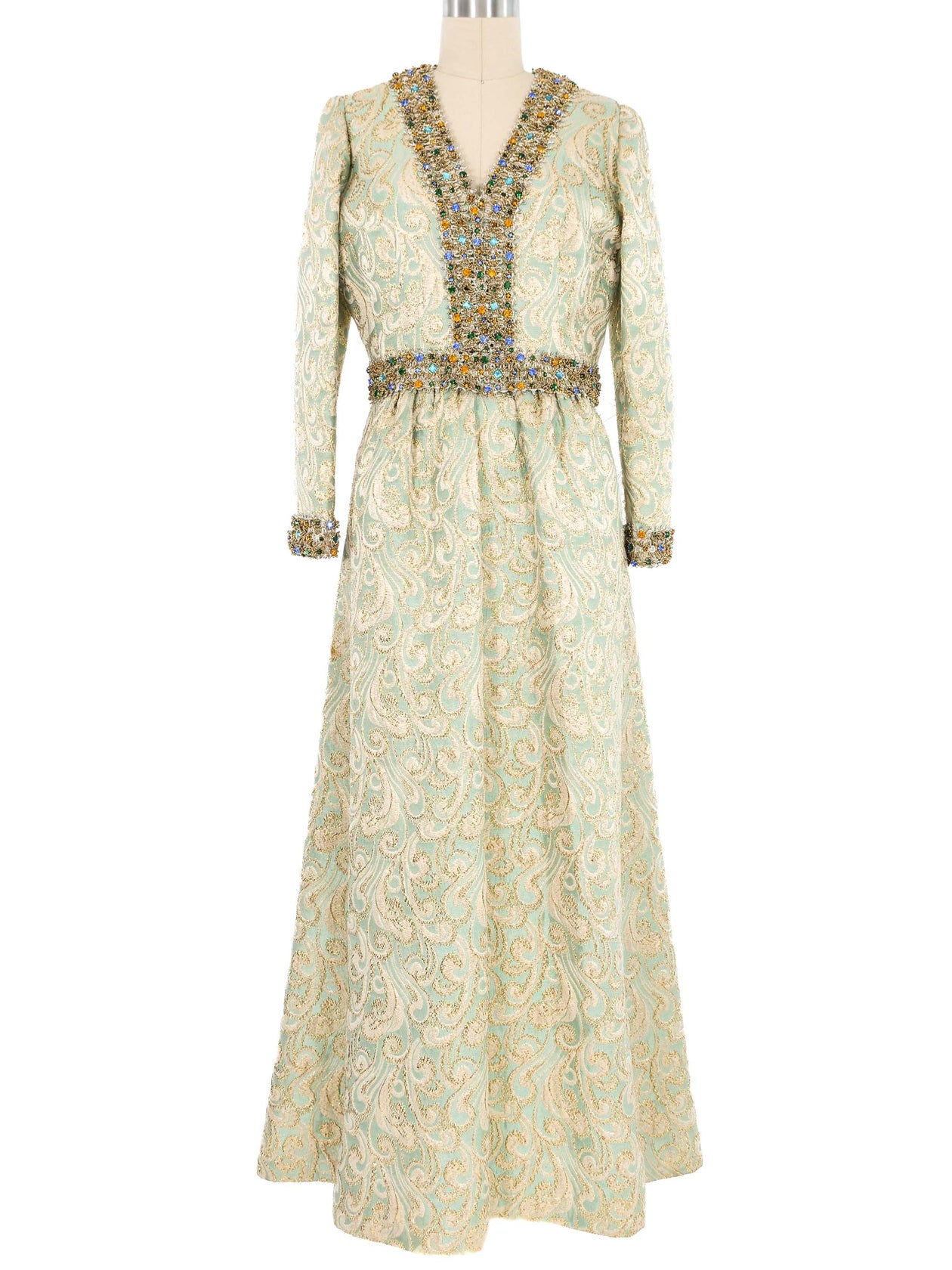Rhinestone Embellished Mint Brocade Gown