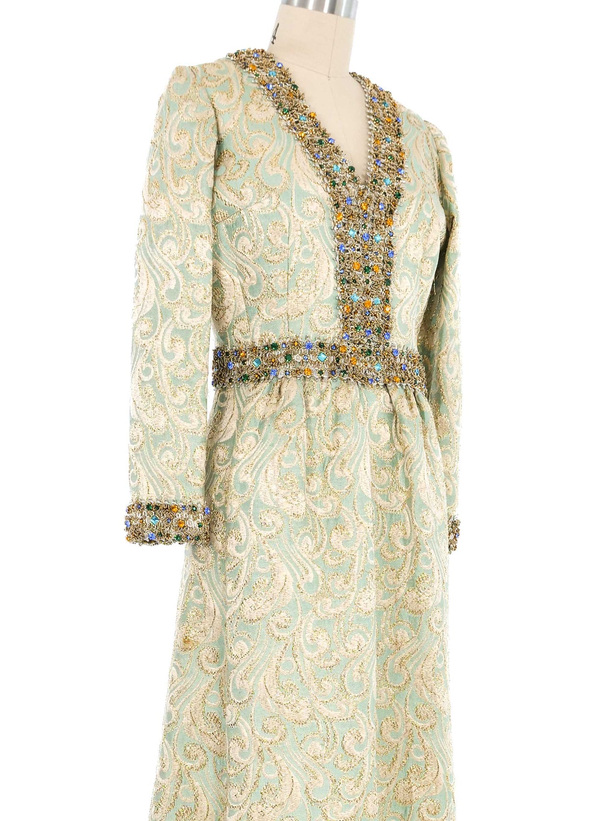 Rhinestone Embellished Mint Brocade Gown