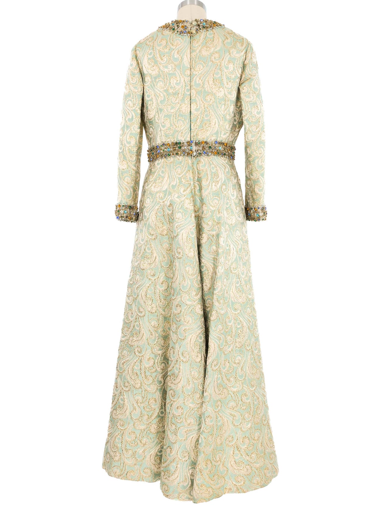 Rhinestone Embellished Mint Brocade Gown