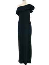 1970s Black Ruffle Collar One Shoulder Gown