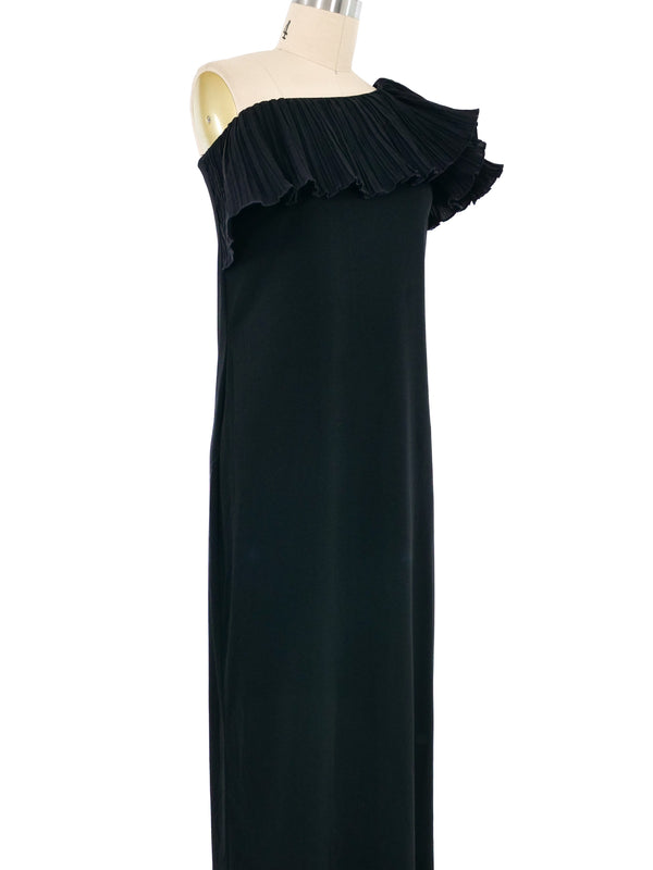 1970s Black Ruffle Collar One Shoulder Gown