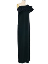 1970s Black Ruffle Collar One Shoulder Gown