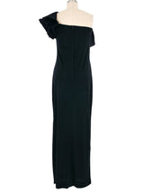 1970s Black Ruffle Collar One Shoulder Gown