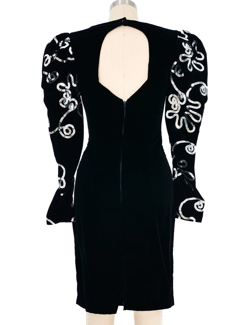 1980s Sequin Puff Sleeve Velvet Dress