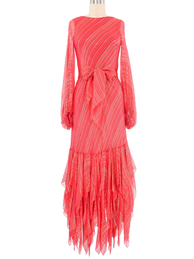 1970s Stavropoulos Red Chiffon Metallic Striped Handkerchief Dress