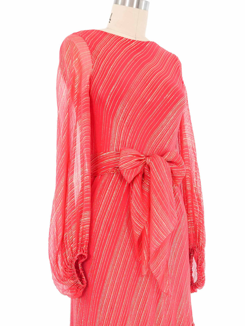 1970s Stavropoulos Red Chiffon Metallic Striped Handkerchief Dress