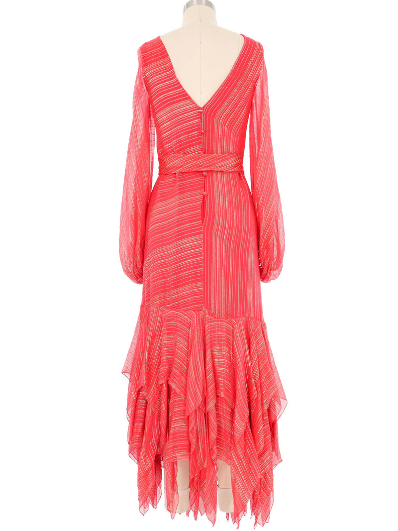 1970s Stavropoulos Red Chiffon Metallic Striped Handkerchief Dress