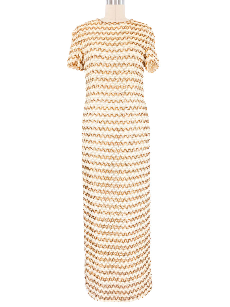 Ivory Striped Sequin Crochet Maxi Dress