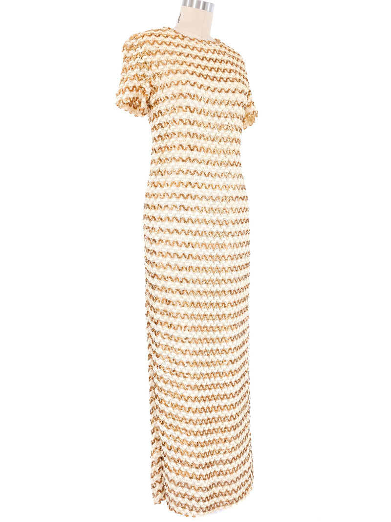 Ivory Striped Sequin Crochet Maxi Dress