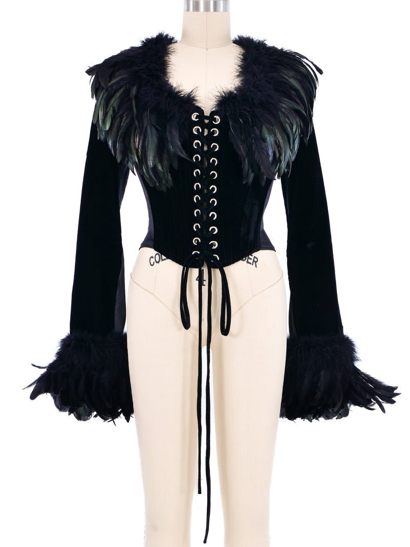 Feather Trimmed Lace Up Velvet Corset Top