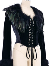 Feather Trimmed Lace Up Velvet Corset Top