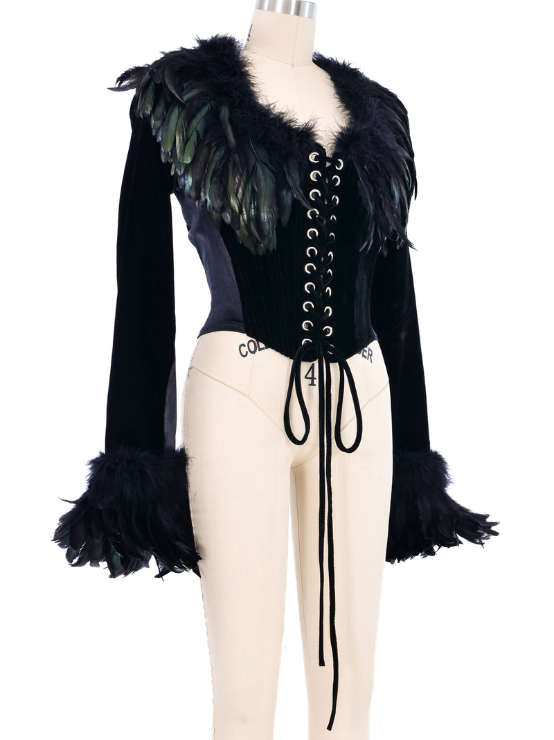 Feather Trimmed Lace Up Velvet Corset Top