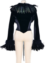 Feather Trimmed Lace Up Velvet Corset Top