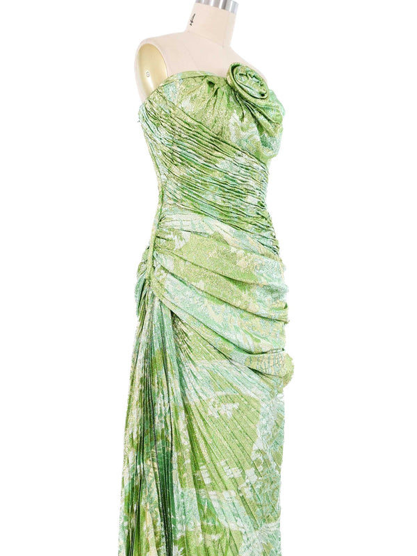 Ungaro Green Metallic Pleated And Ruched Gown