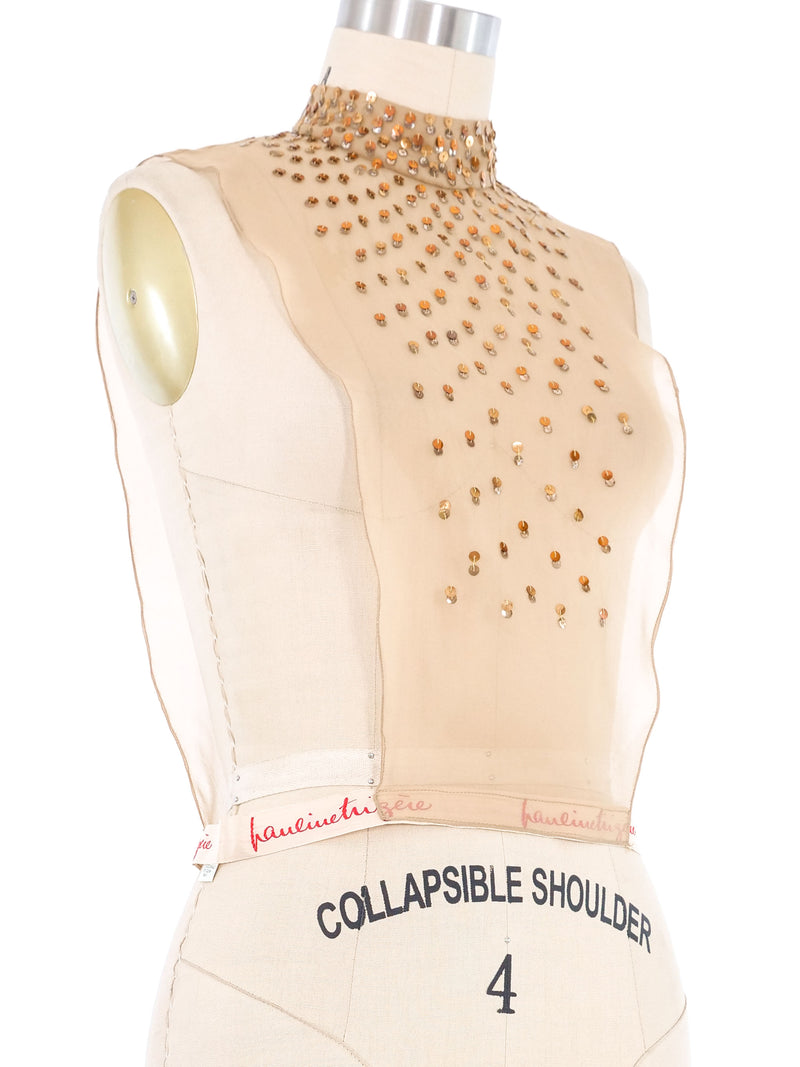 Pauline Trigere Sequined Nude Mesh Dickey Top arcadeshops.com