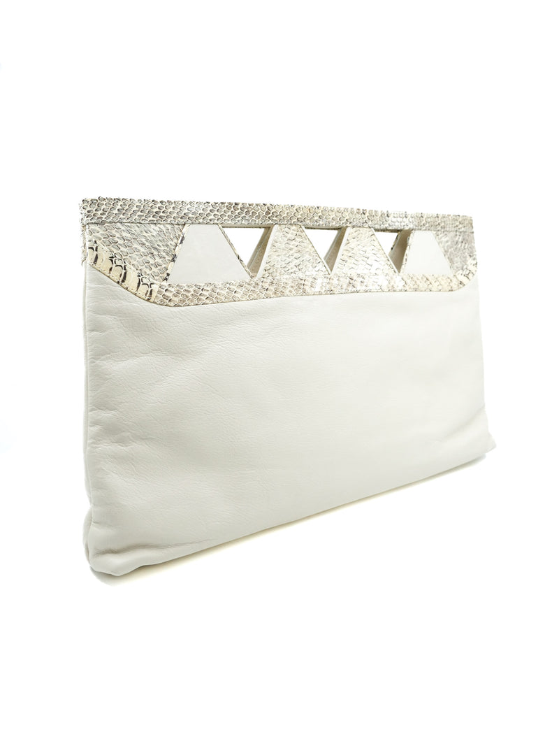 Cream Snakeskin Trimmed Cutout Clutch Accessory arcadeshops.com