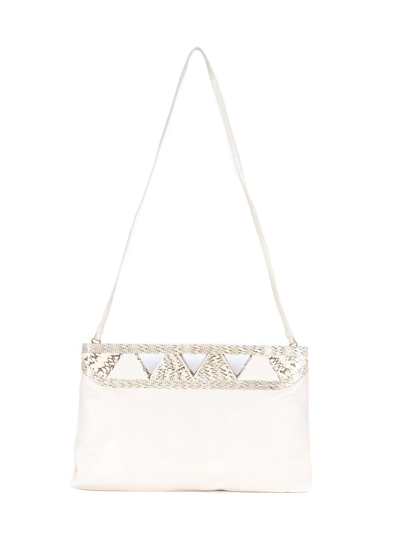 Cream Snakeskin Trimmed Cutout Clutch Accessory arcadeshops.com