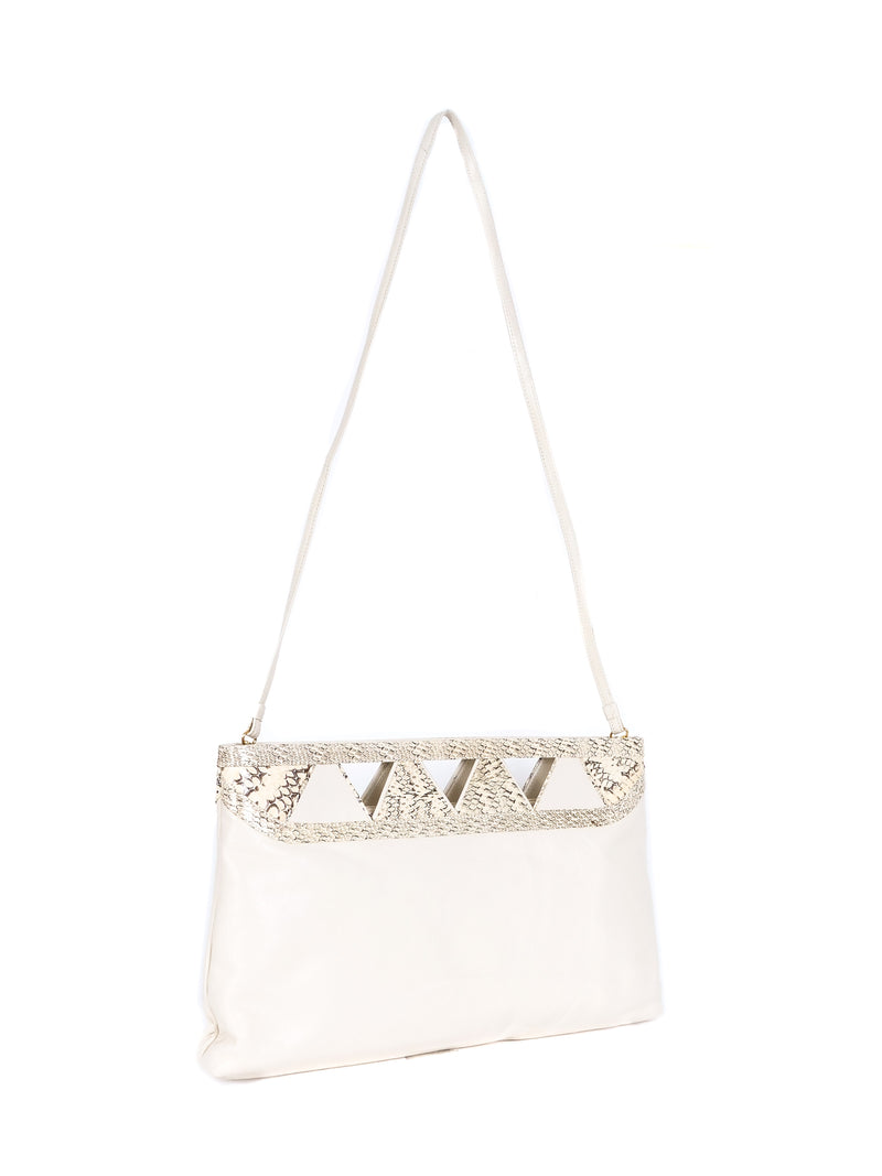 Cream Snakeskin Trimmed Cutout Clutch Accessory arcadeshops.com