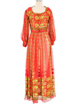 Red Floral Balloon Sleeve Silk Maxi Dress Dress arcadeshops.com