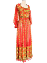 Red Floral Balloon Sleeve Silk Maxi Dress Dress arcadeshops.com