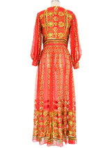 Red Floral Balloon Sleeve Silk Maxi Dress Dress arcadeshops.com