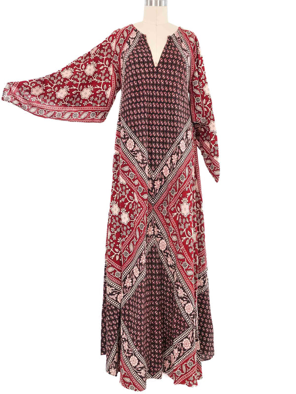 Red Block Print Angel Sleeve Indian Cotton Caftan Dress arcadeshops.com