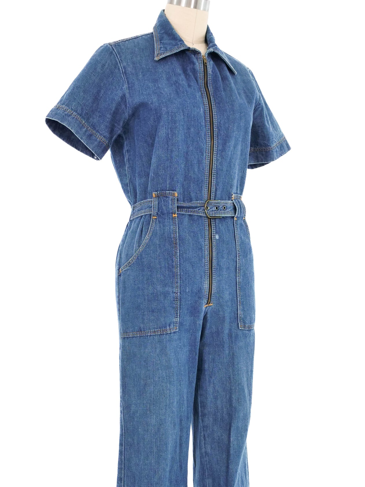 1970s Belted Zip Up Denim Jumpsuit