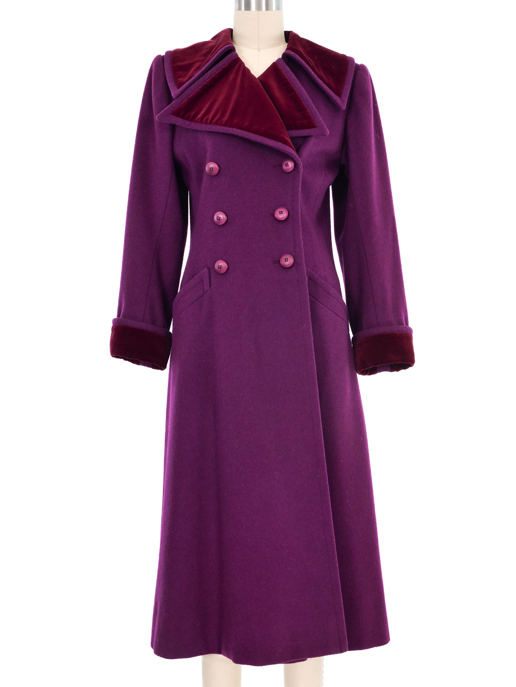 〈 Yves Saint Laurent 〉Vintage Long Coat 1970s Yves Saint Laurent Magenta Wool Maxi Coat
