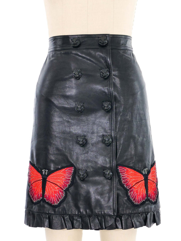 2016 Gucci Butterfly Embroidered Leather Skirt Bottom arcadeshops.com