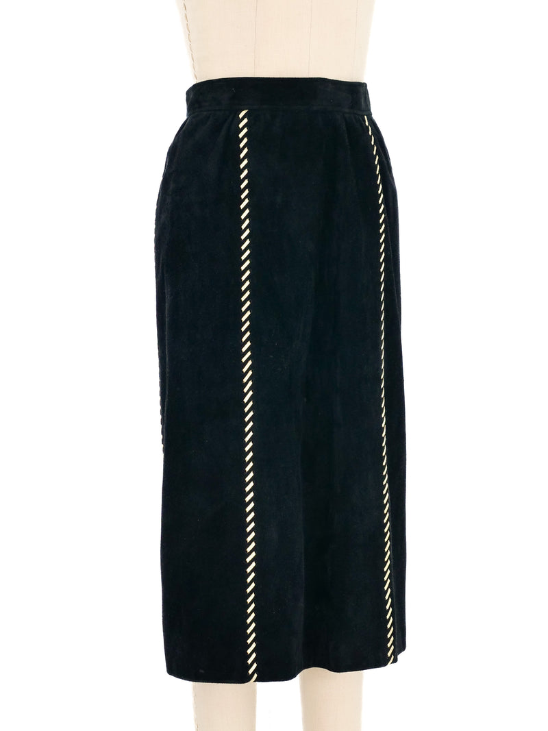 1980s Yves Saint Laurent Metallic Whipstitch Black Suede Skirt Bottom arcadeshops.com