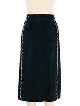 1980s Yves Saint Laurent Metallic Whipstitch Black Suede Skirt Bottom arcadeshops.com