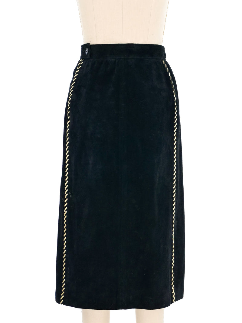 1980s Yves Saint Laurent Metallic Whipstitch Black Suede Skirt Bottom arcadeshops.com