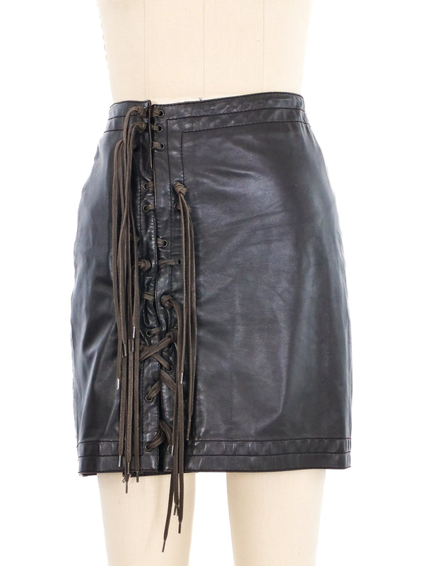 2003 Dirk Bikkembergs Lace Up Chocolate Leather Mini Skirt Bottom arcadeshops.com