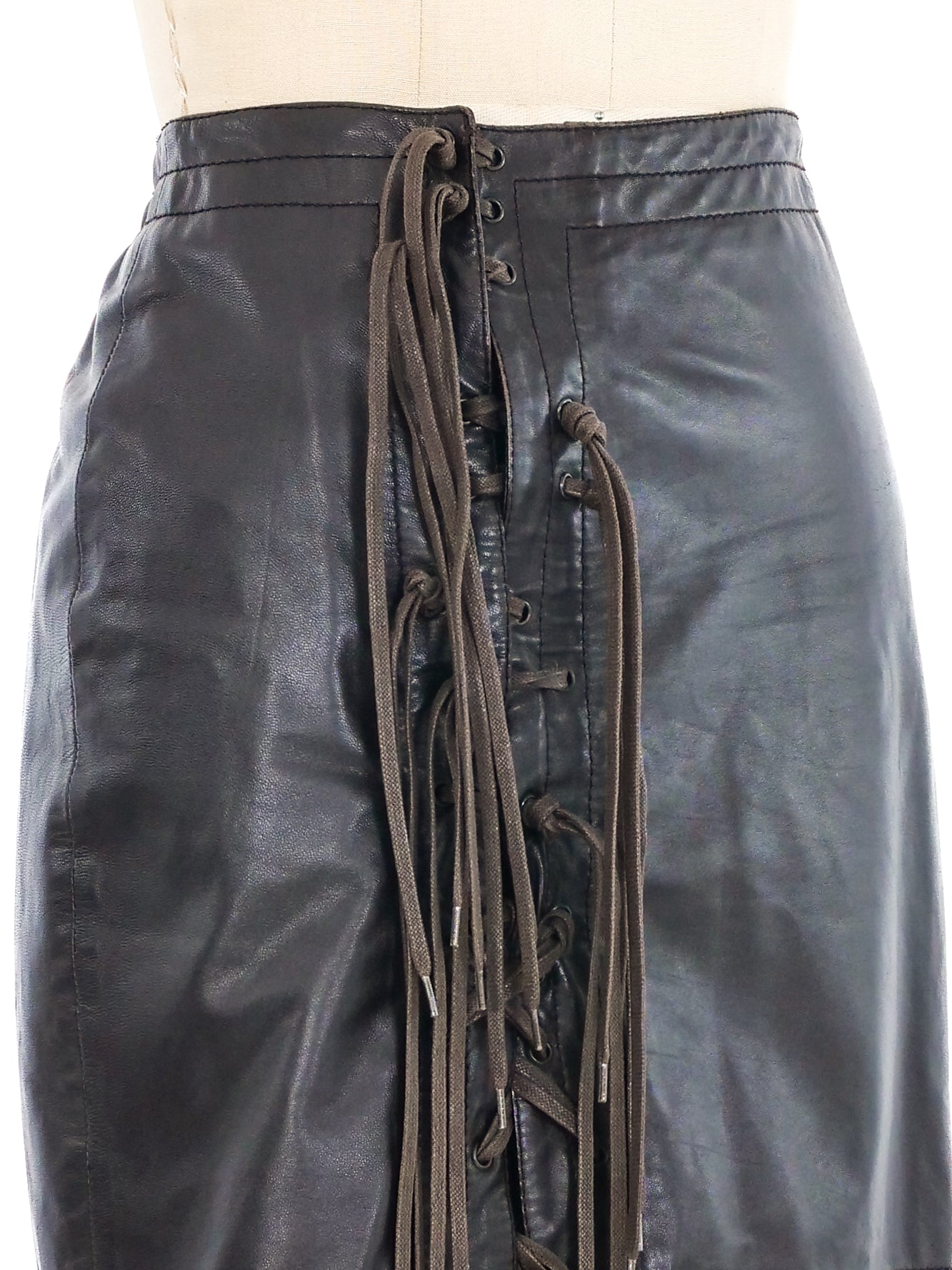 2003 Dirk Bikkembergs Lace Up Chocolate Leather Mini Skirt