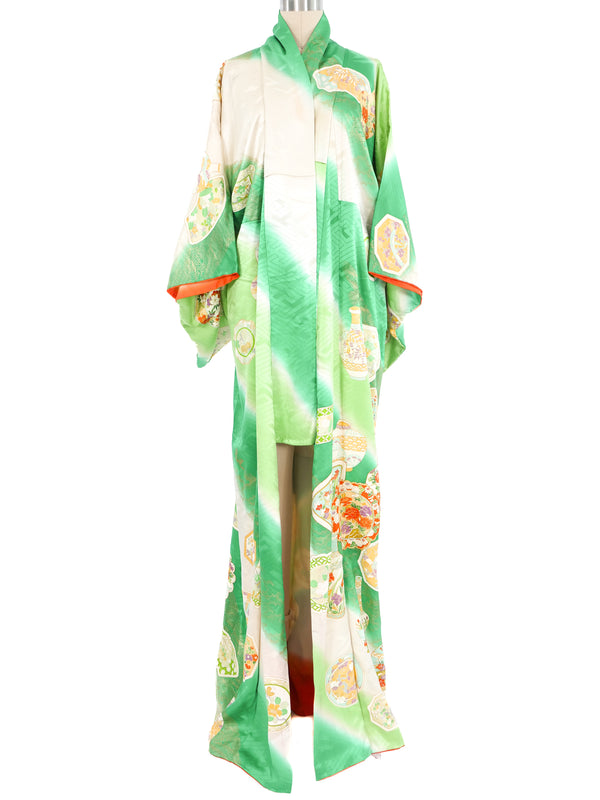 Green And White Vase Motif Maxi Kimono Jacket arcadeshops.com