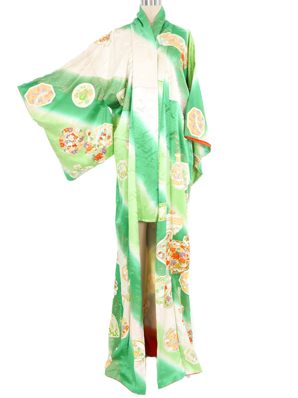 Green And White Vase Motif Maxi Kimono Jacket arcadeshops.com