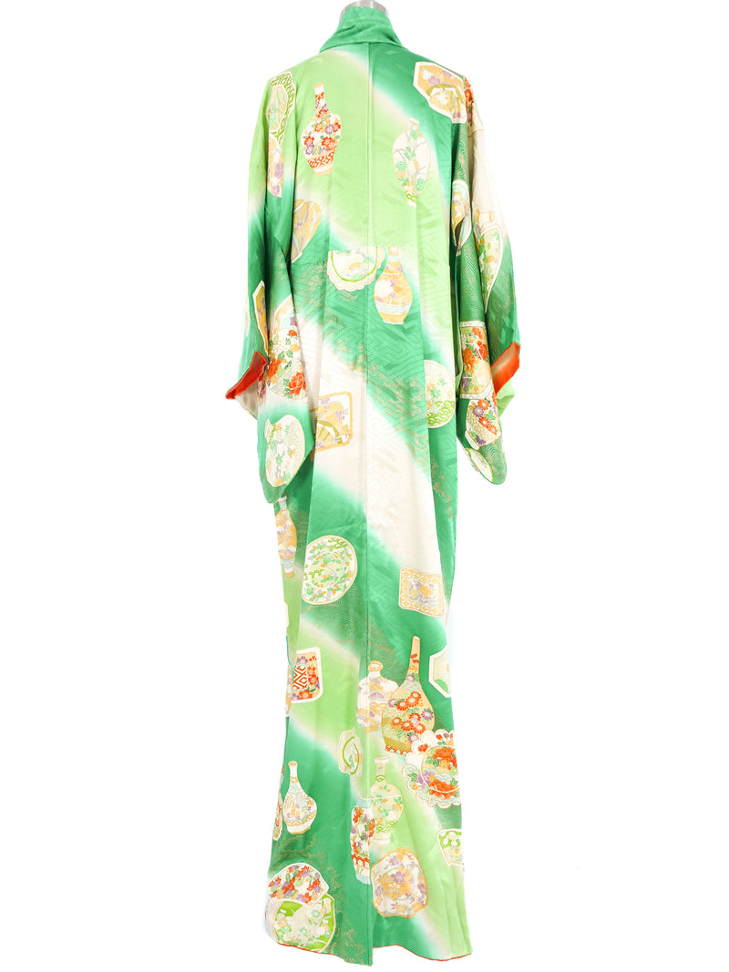 Green And White Vase Motif Maxi Kimono Jacket arcadeshops.com